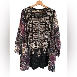 John Mark Tunic Top 2X Embroidered Patchwork Boho Floral 3/4 Sleeve Pockets